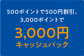 500ポイントで500円割引、3,000ポイントで3,000円