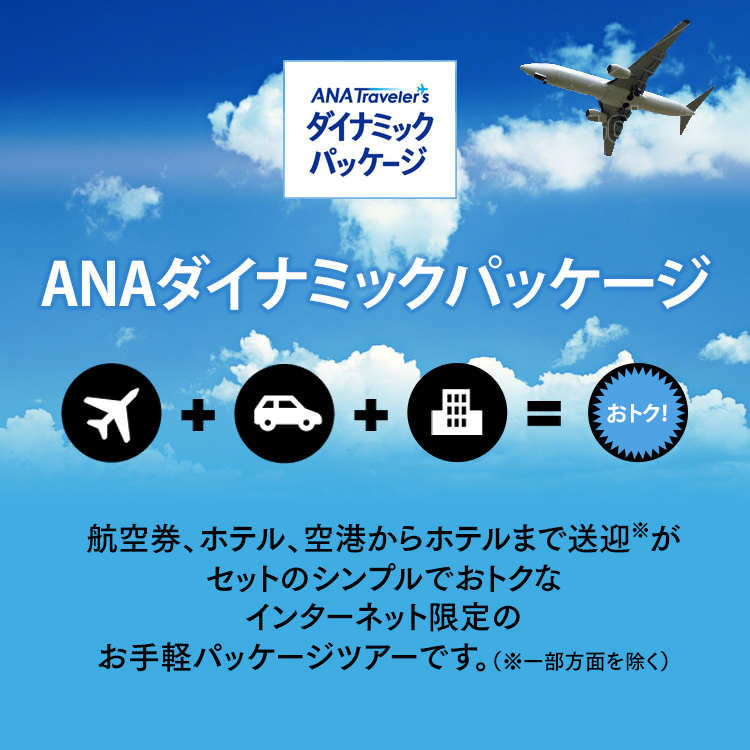 ANAダイナミックパッケージ 航空券、ホテル、空港からホテルまで送迎※がセットのシンプルでおトクな
        インターネット限定のお手軽パッケージツアーです。（※一部方面を除く） 「ANAの旅作」