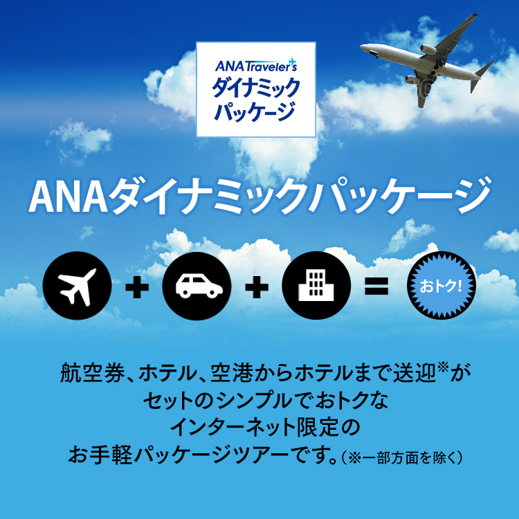 ANAダイナミックパッケージ 航空券、ホテル、空港からホテルまで送迎※がセットのシンプルでおトクな
        インターネット限定のお手軽パッケージツアーです。（※一部方面を除く） 「ANAの旅作」